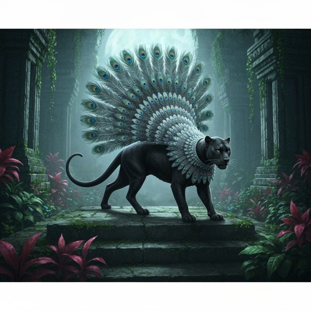 Black Panther in Peacock Costume on Ruined Temple