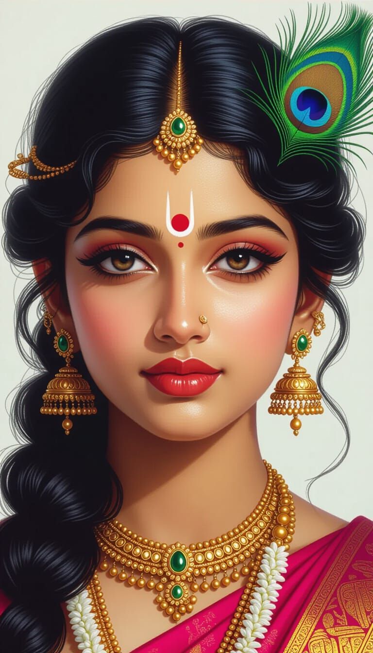 Radha Portrait with Peacock Feather in Hyperrealistic Oil St...