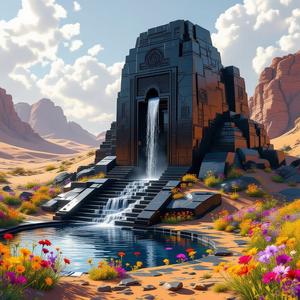 Glittering Obsidian Temple in Desert Oasis