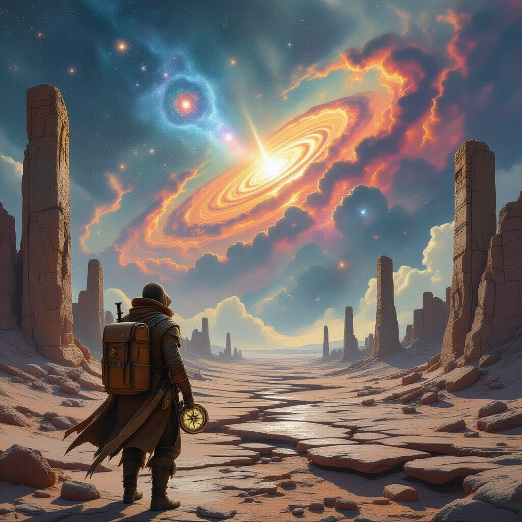 Petrified Forest Explorer Amidst Swirling Nebulae