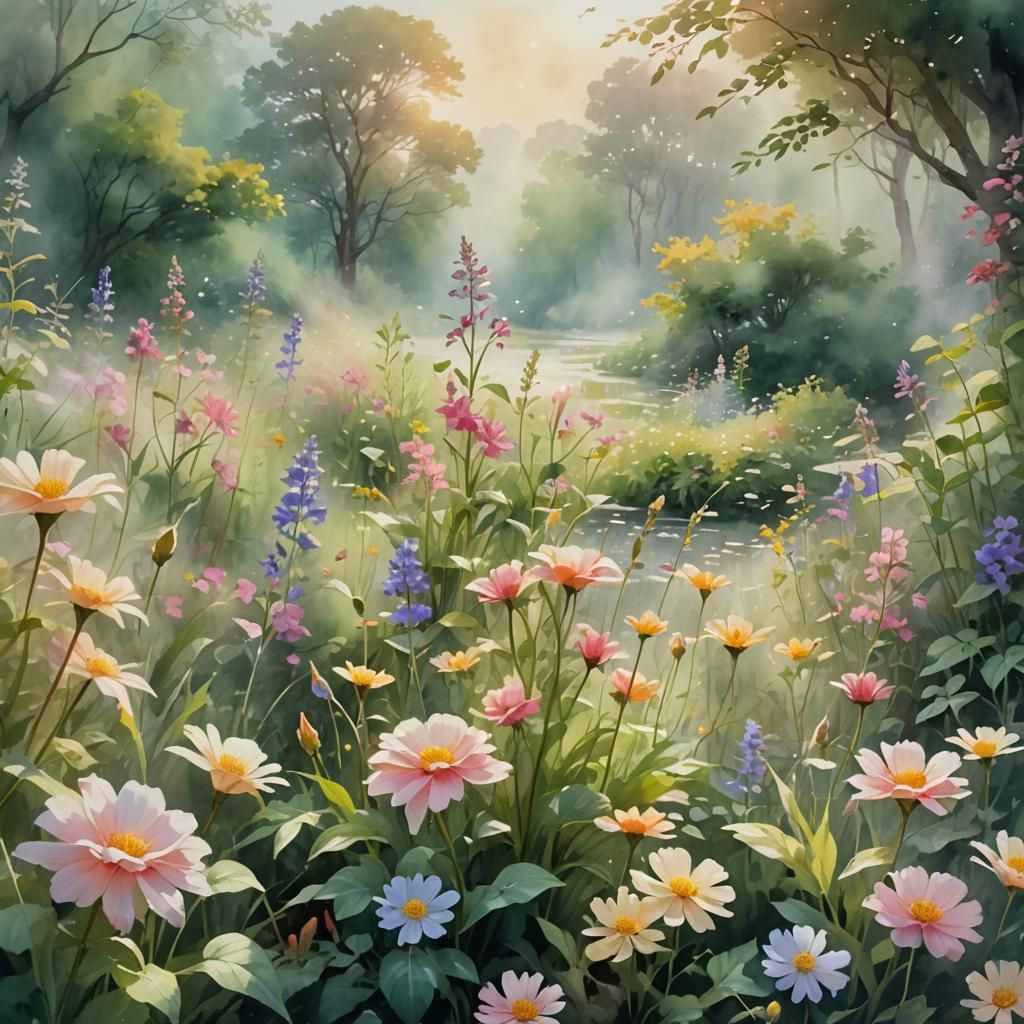 Ethereal Flowers Swaying in Sunshine: Watercolor Painting