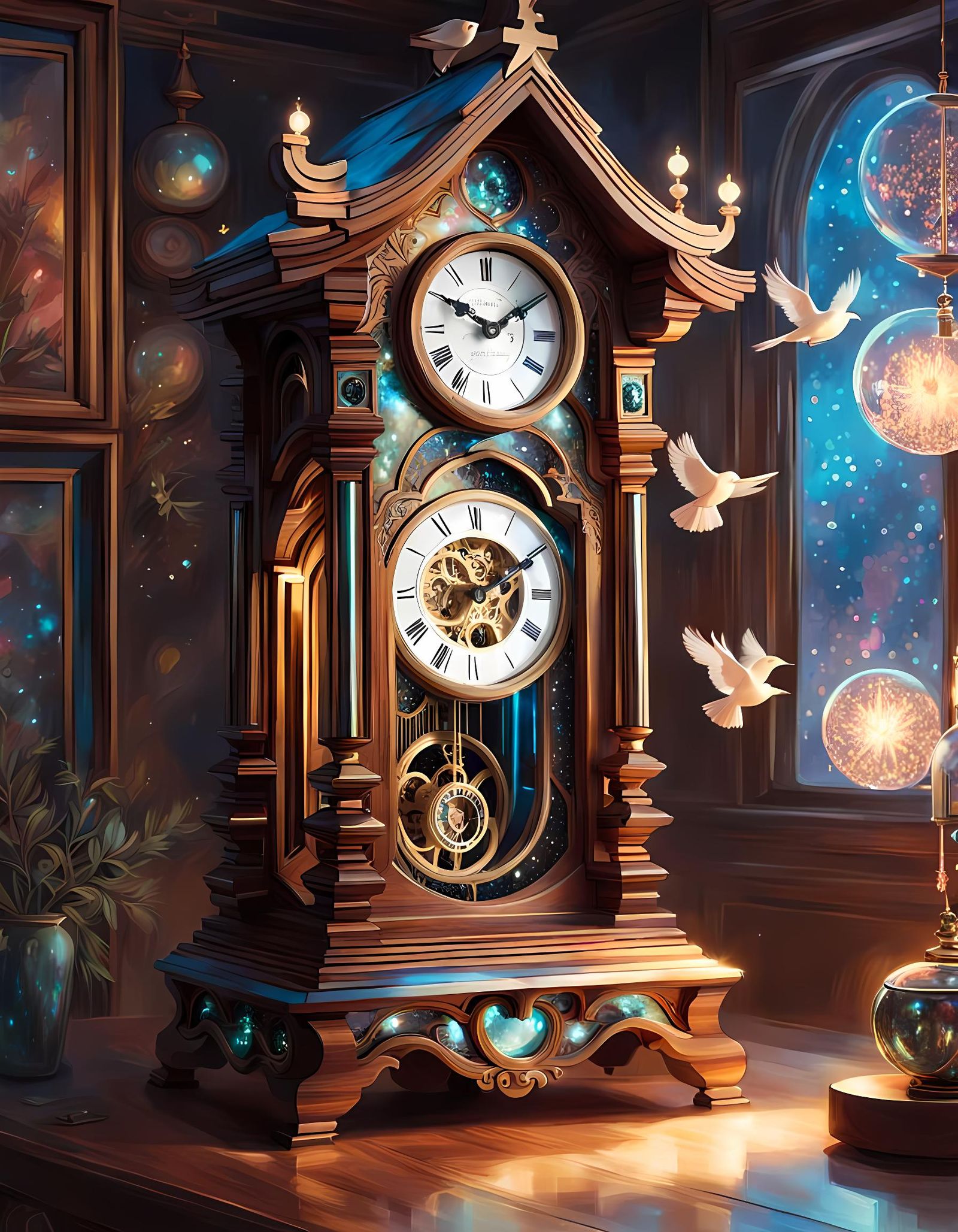 Celestial Cuckoo Clock in Iridescent Art Style