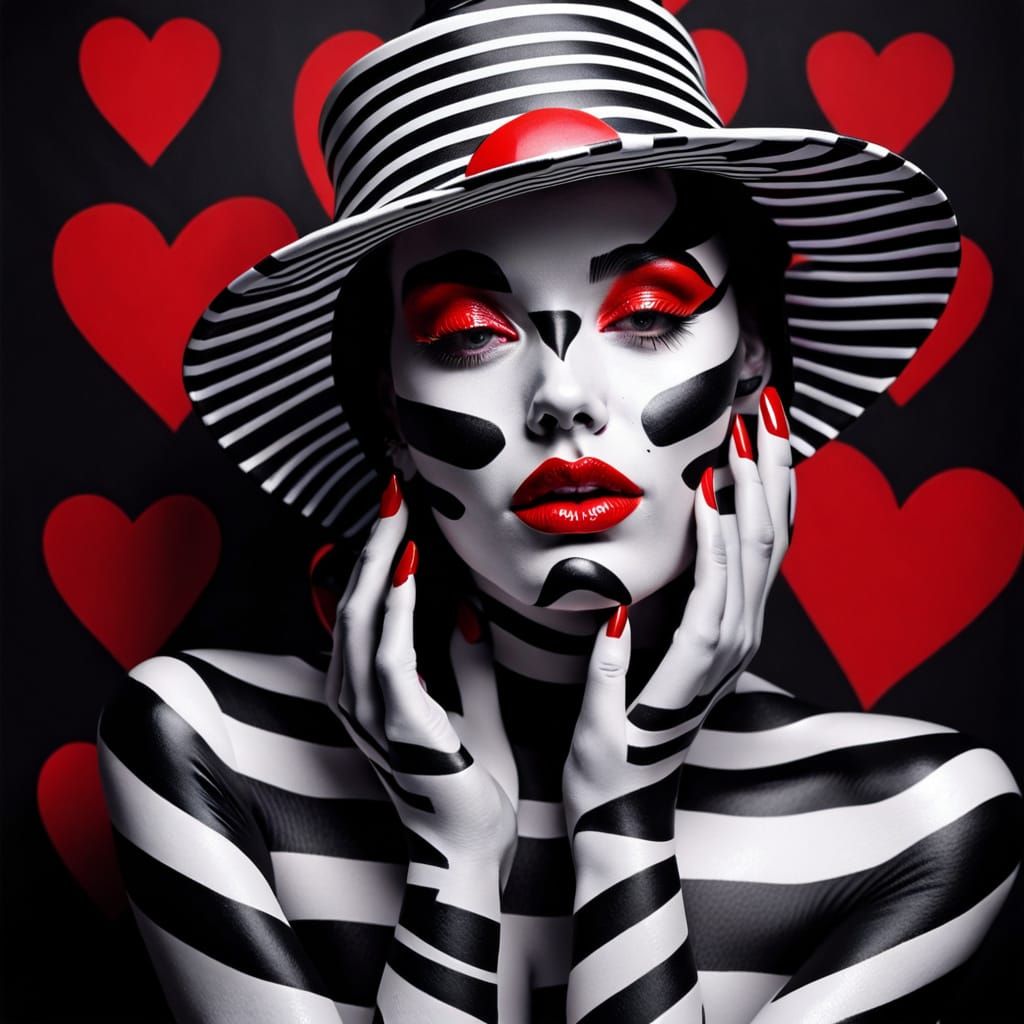 Op Art Model with Red Lips in Monochrome Style