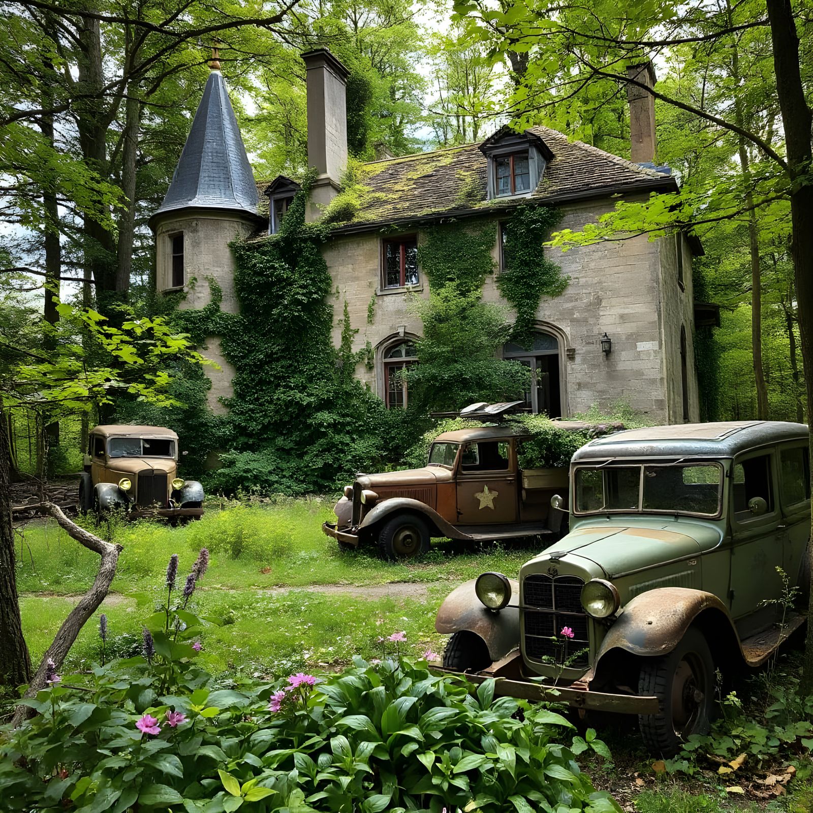Abandoned French Castle with WWII Vehicles in Spring Forest