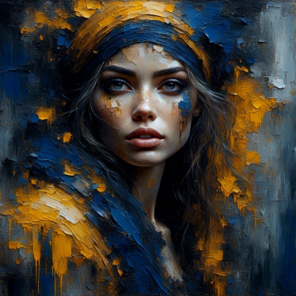 Detailed Gothic Portrait with Textured Blue and Yellow Hues
