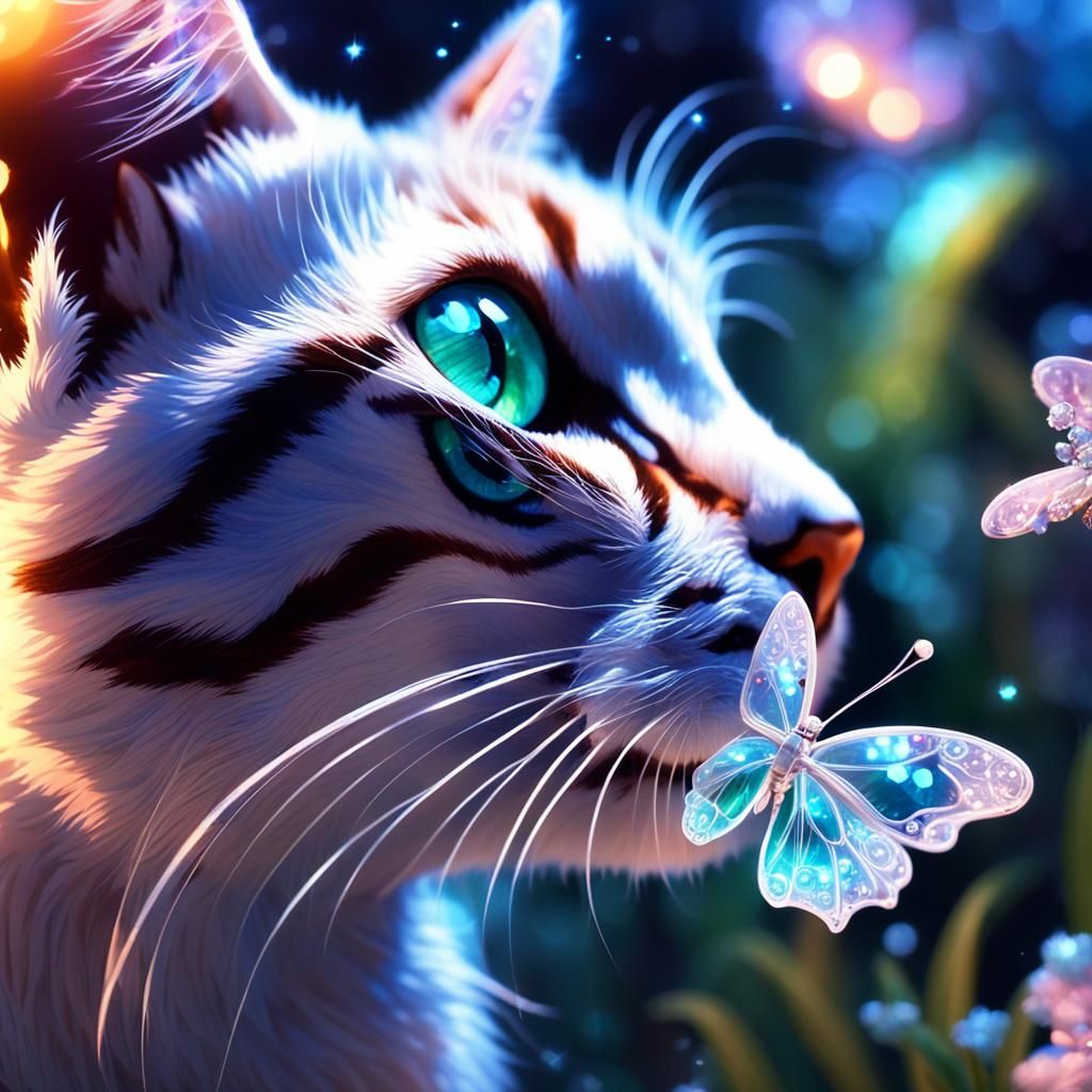 Crystal Butterfly Boops Cat Nose in Enchanted Garden