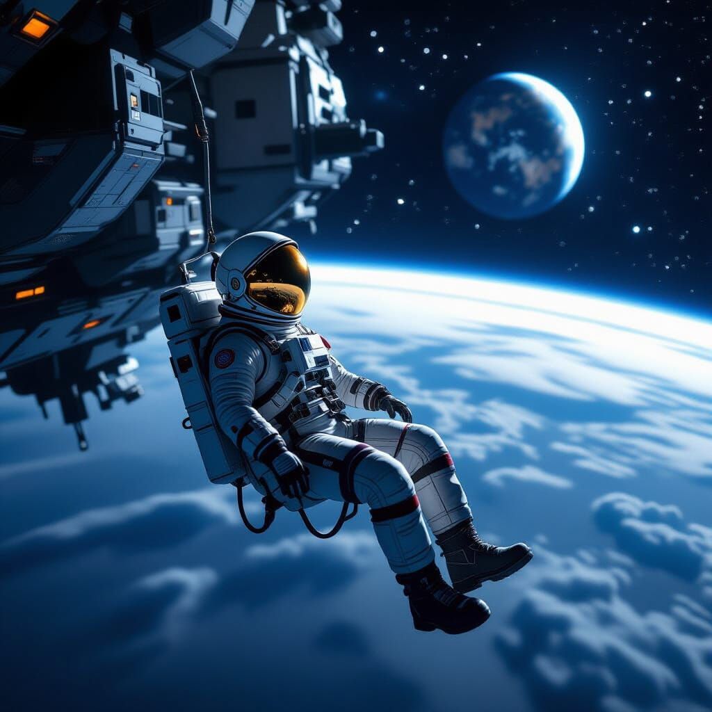 Astronaut Drifts Near Derelict Ship in Deep Space