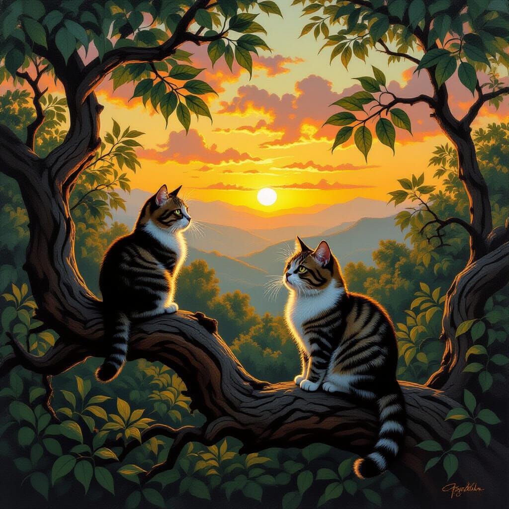 Birds and Cat in Forest, Impasto Oil Painting