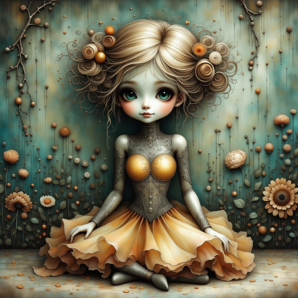 Delicate Nymph Cyborg Robot in Moody Scenery