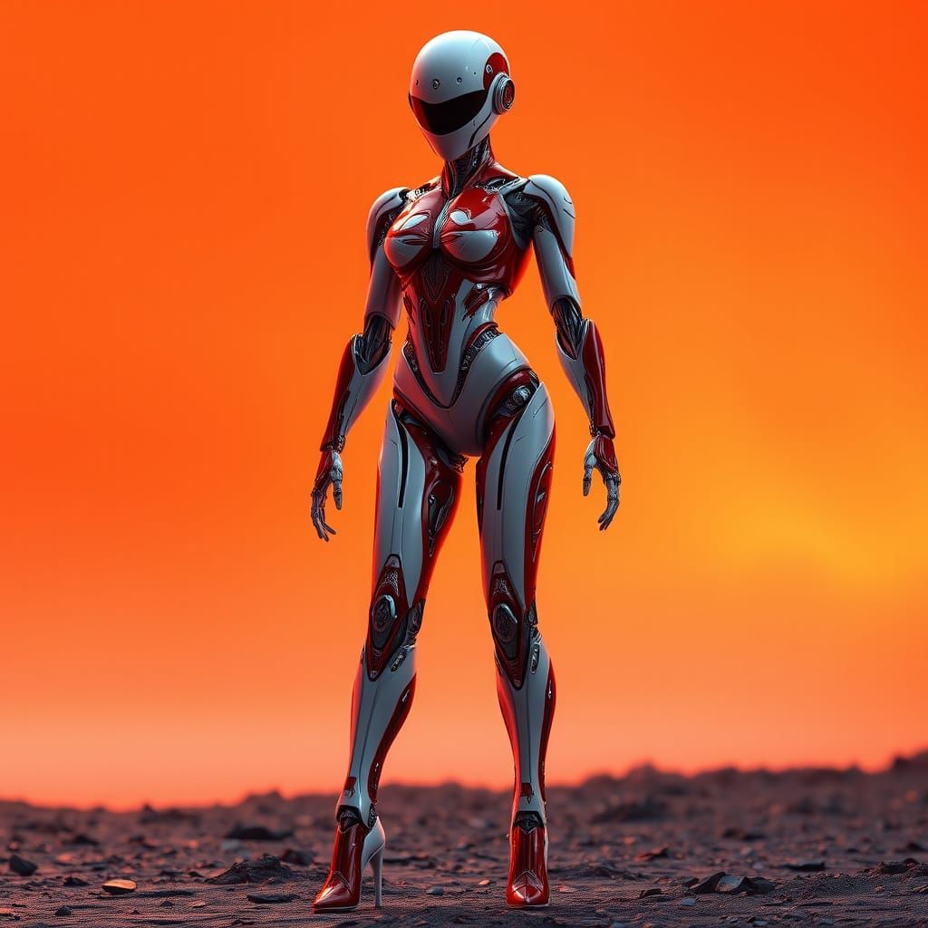 Futuristic Robot Girl in High Heels on Orange Background