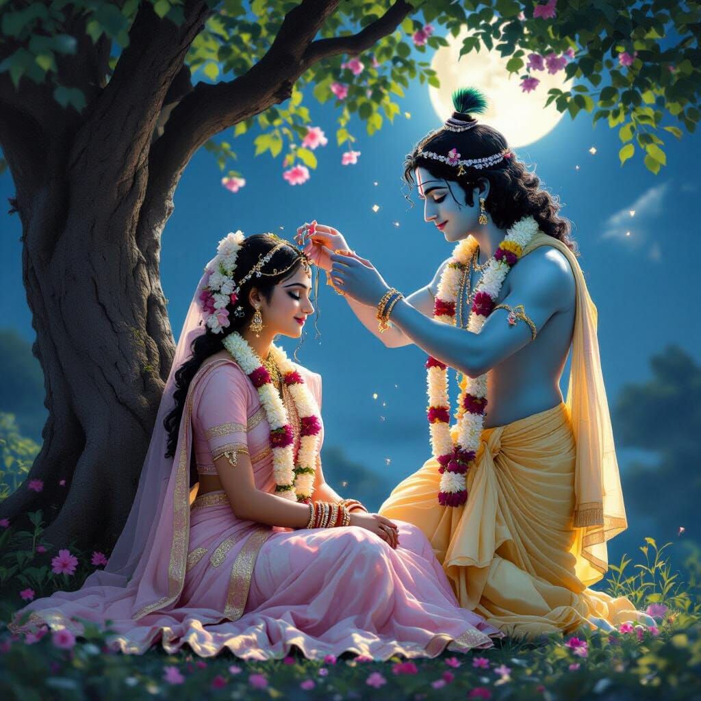 Radha and Krishna Under Moonlight: A Romantic Scene