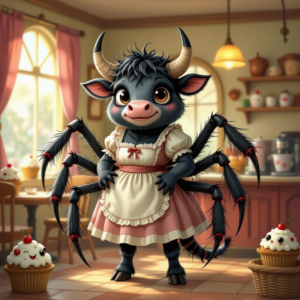 Spider-Cow Hybrid Cafe Owner with Horns and Scorpion Tail