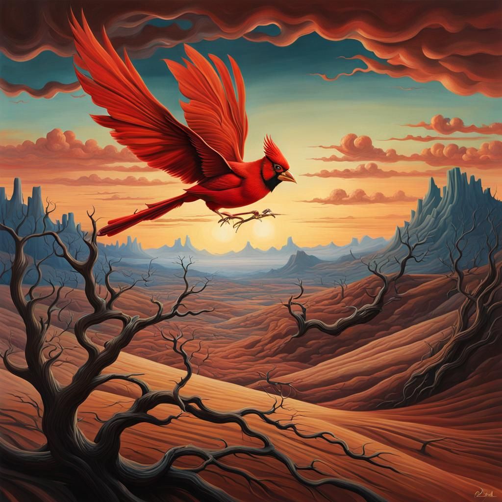 Surreal Cardinal Flying in Harsh Twilight Landscape