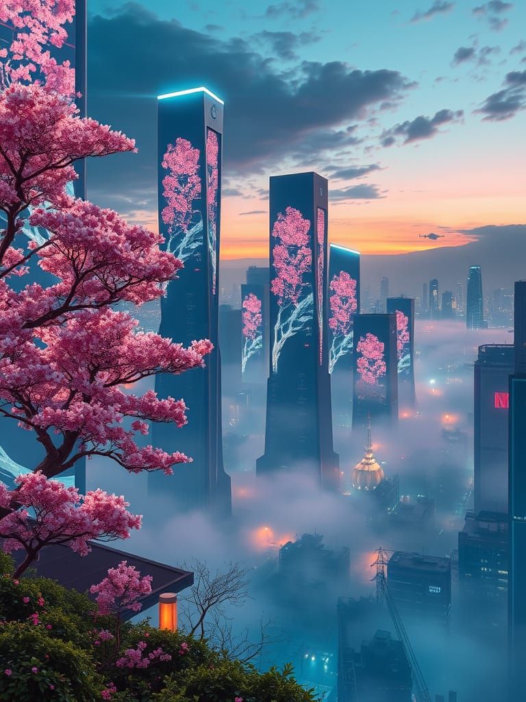 Bioluminescent Skyscrapers with Cherry Blossom Projections