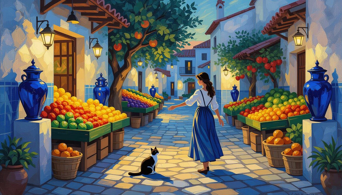 Post-Impressionist Market Scene with Cat and Lady