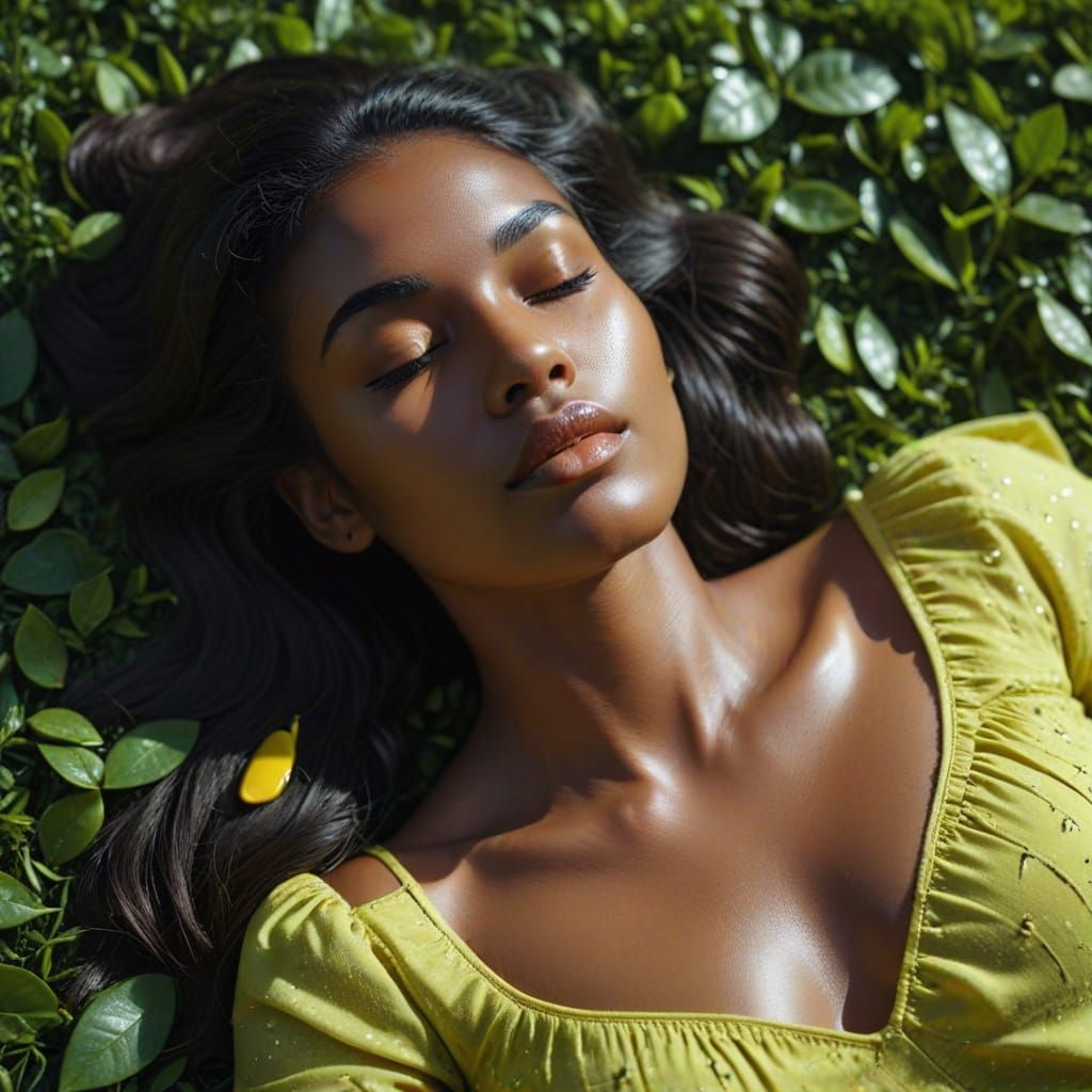 Tired Beauty Lying on Green Tea Leaves in Cinematic Lighting