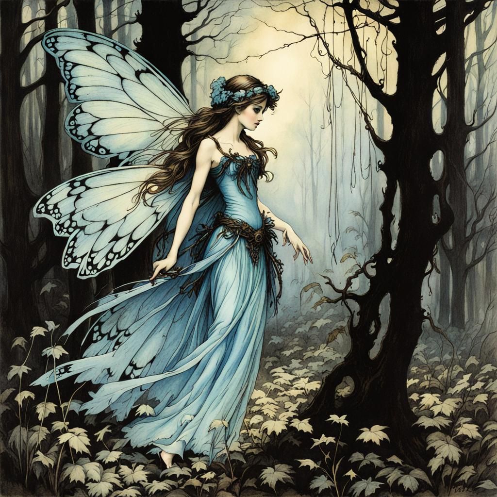 Fantasy Fairy with Pale Blue Wings in Haunted Forest