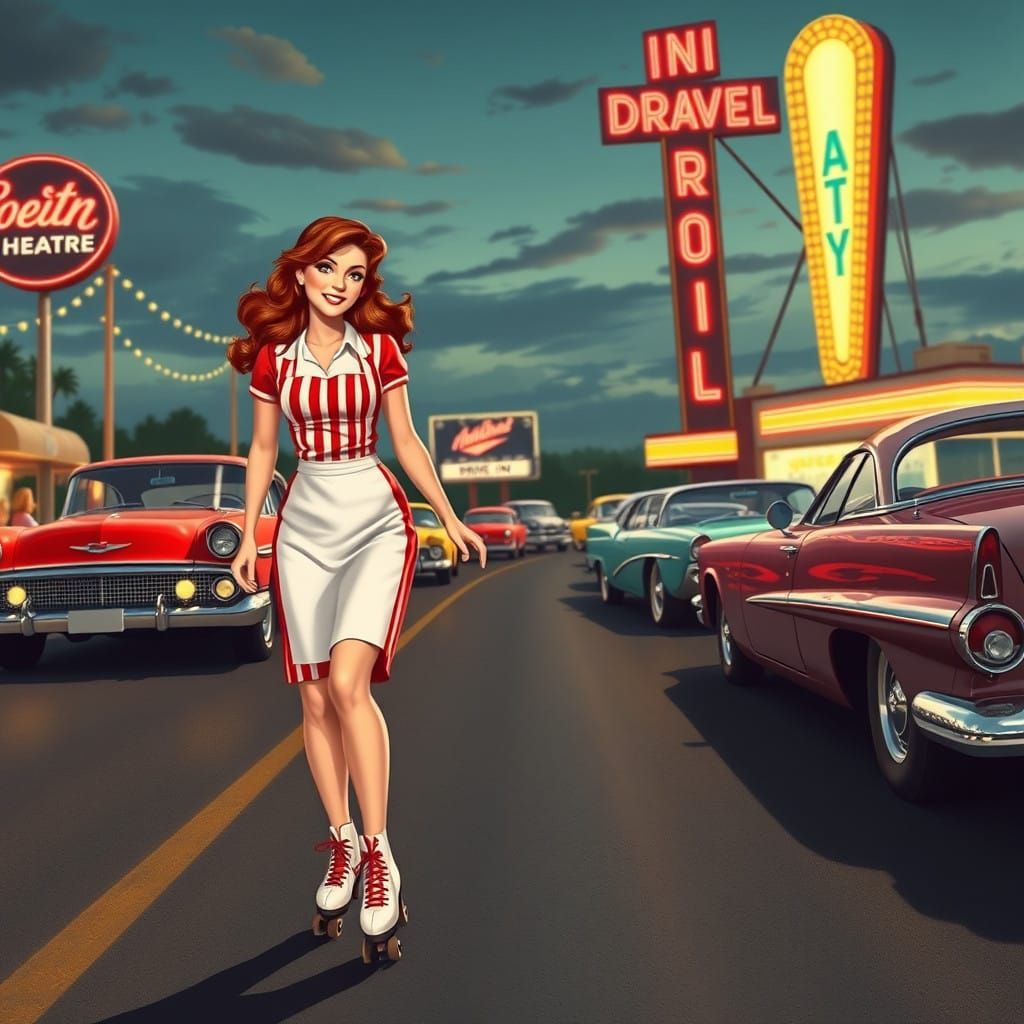 Retro Drive-In Scene with Roller Skating Waitress