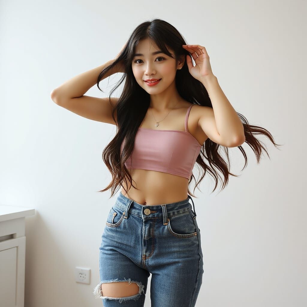 Beautiful Korean Woman Posing in Crop Top and Jeans