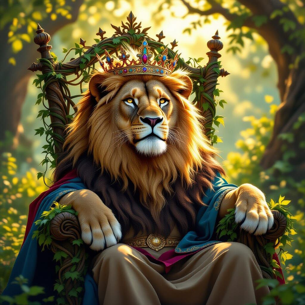Regal Lion King on Vine Throne: Hyperrealistic Painting