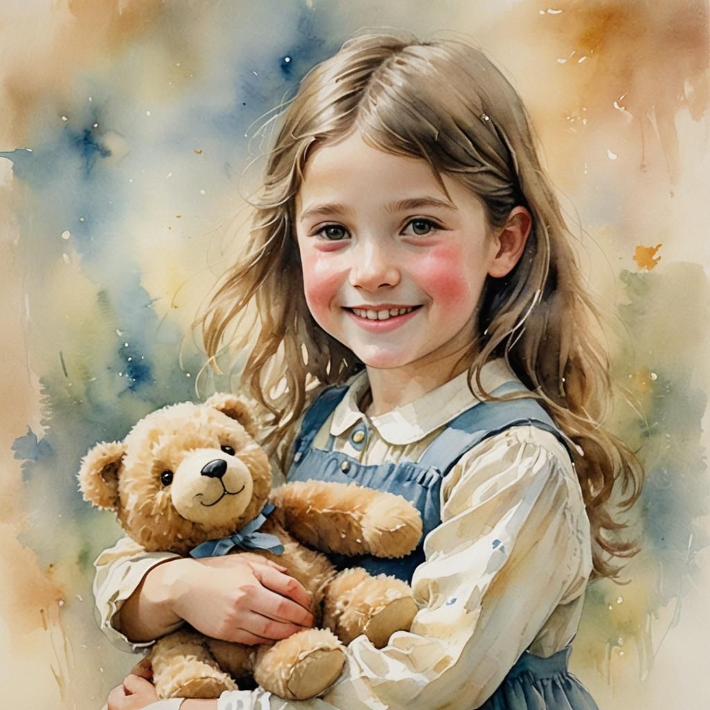 Watercolor Portrait of Girl Hugging Teddy Bear