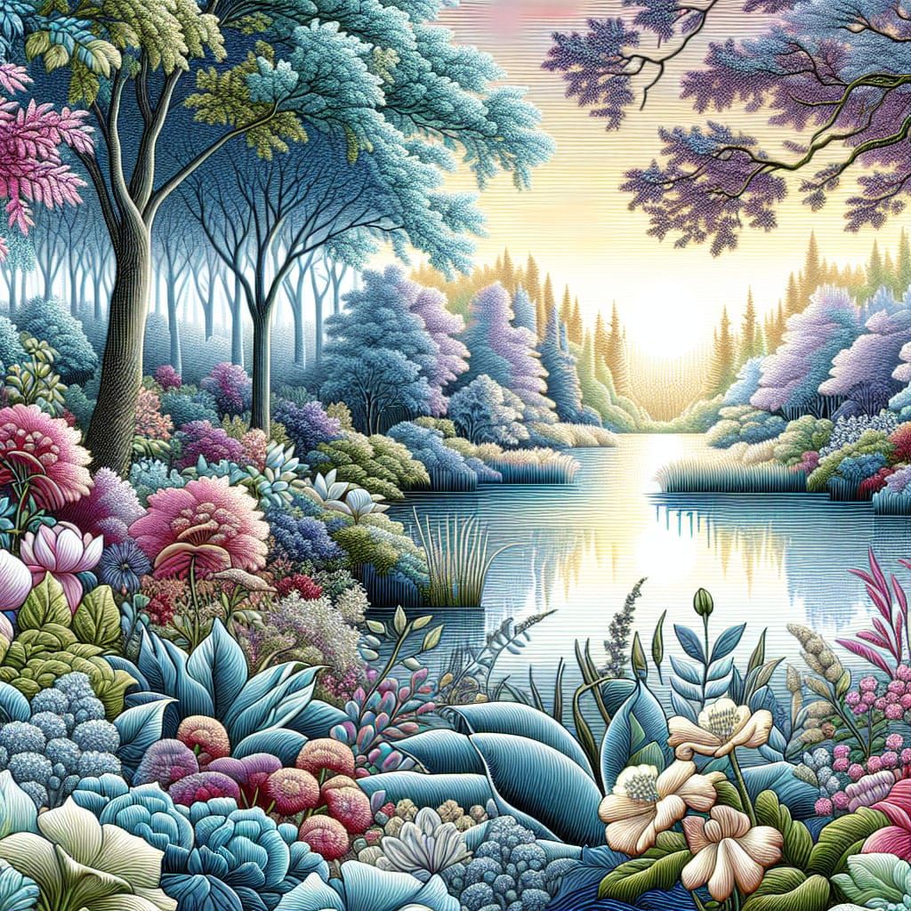 Embroidered Forest Lake at Dawn in Pastel Colors