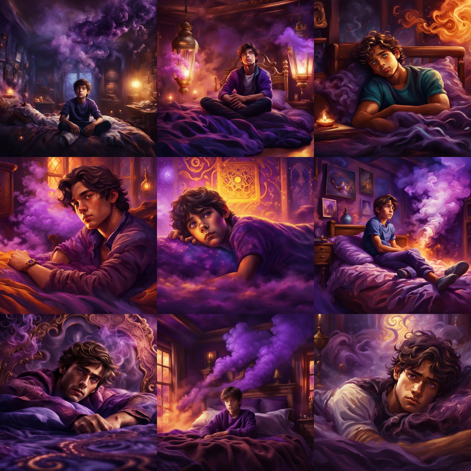 Boy in Room Surrounded by Purple Smoke: Fantasy Art