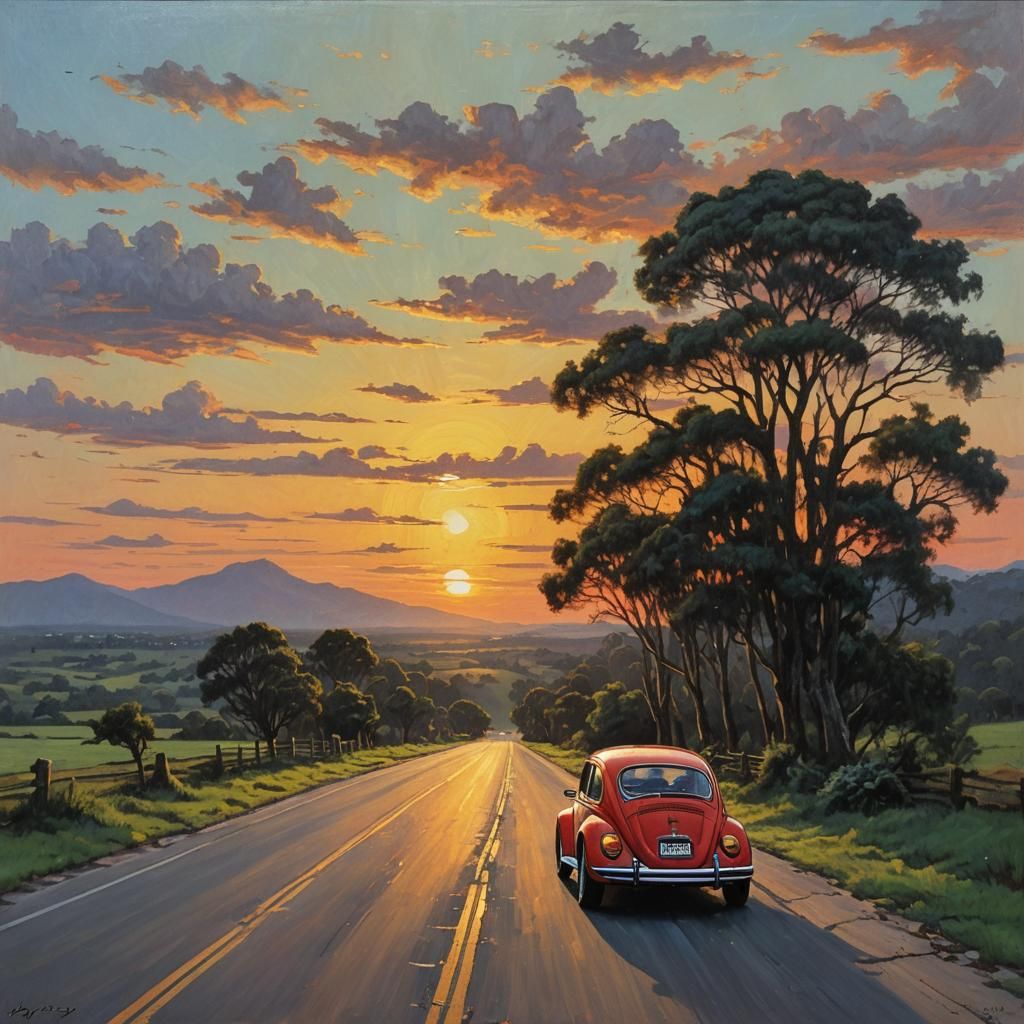 Vintage Beetle on Lonely Road at Sunset