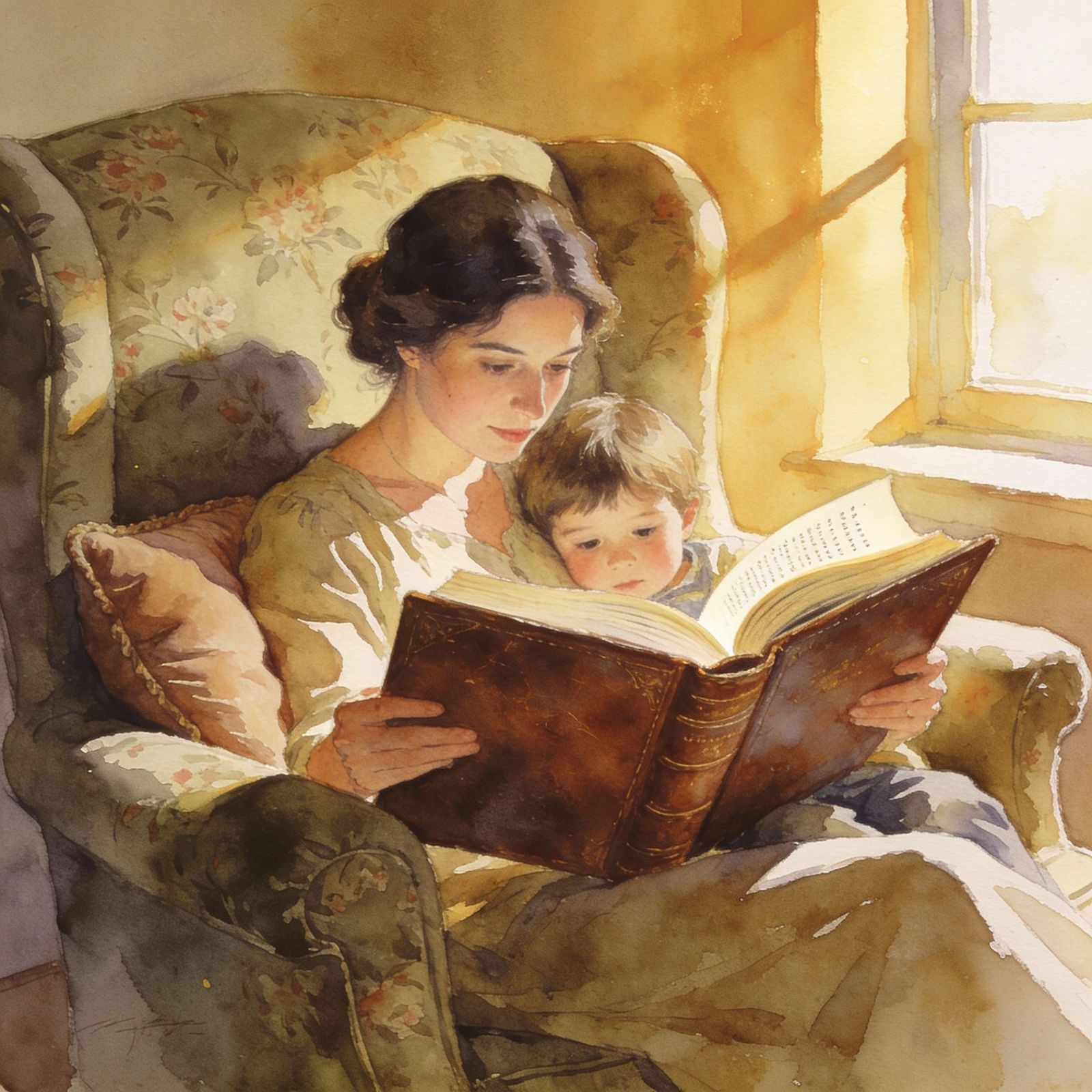 Mother Reads to Child in Cozy Armchair, Watercolor Style