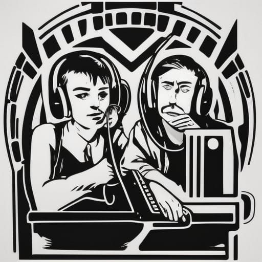 Coders in Computer Lab: Linocut Portrait