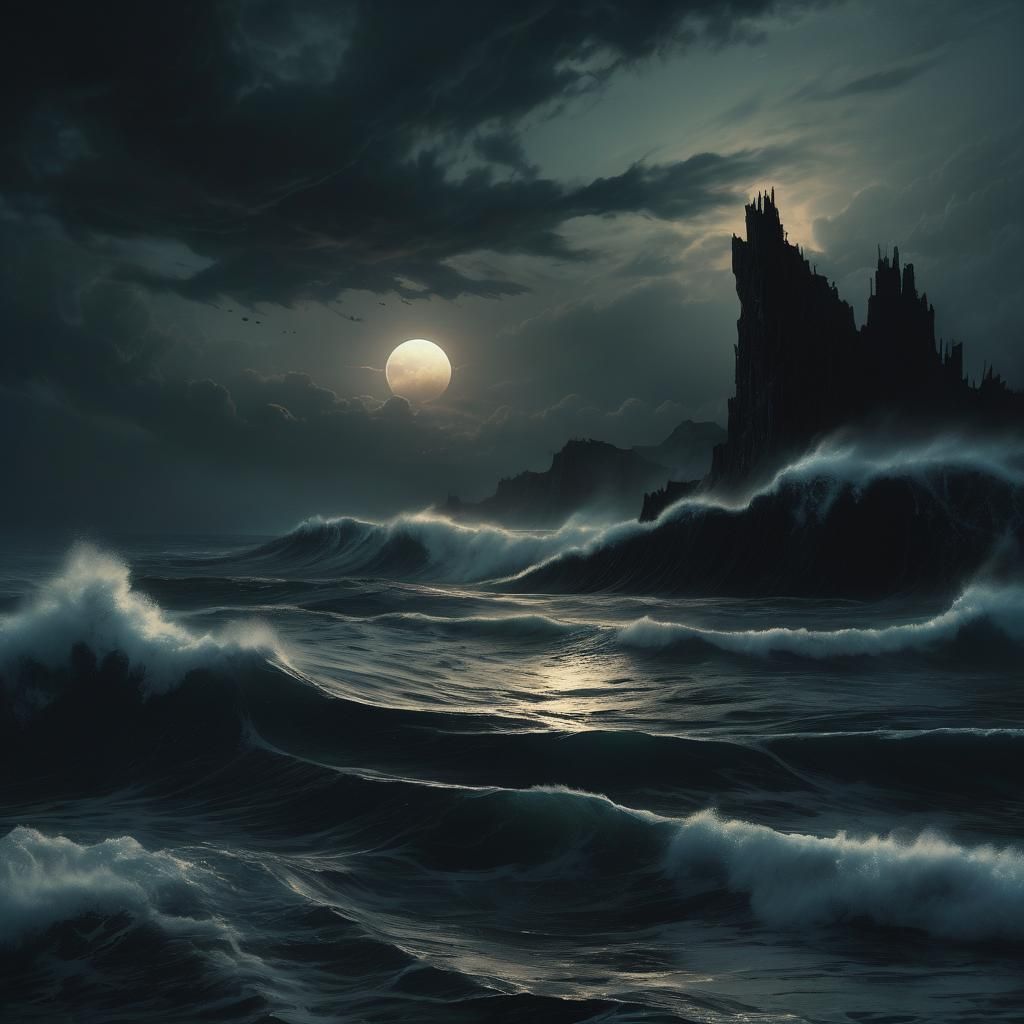 Black Moon Over Turbulent Sea in Dark Fantasy Art