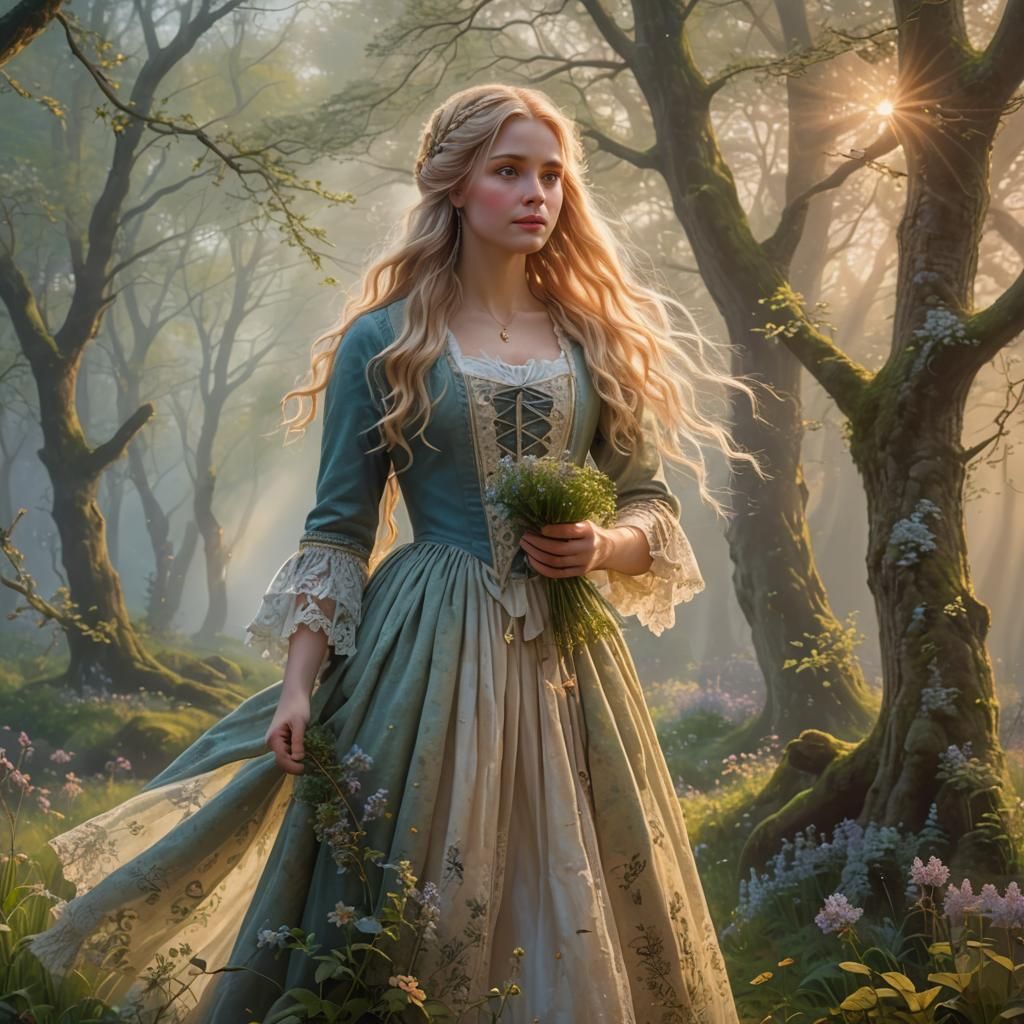 Spring Forest Sunrise with Woman Collecting Herbs