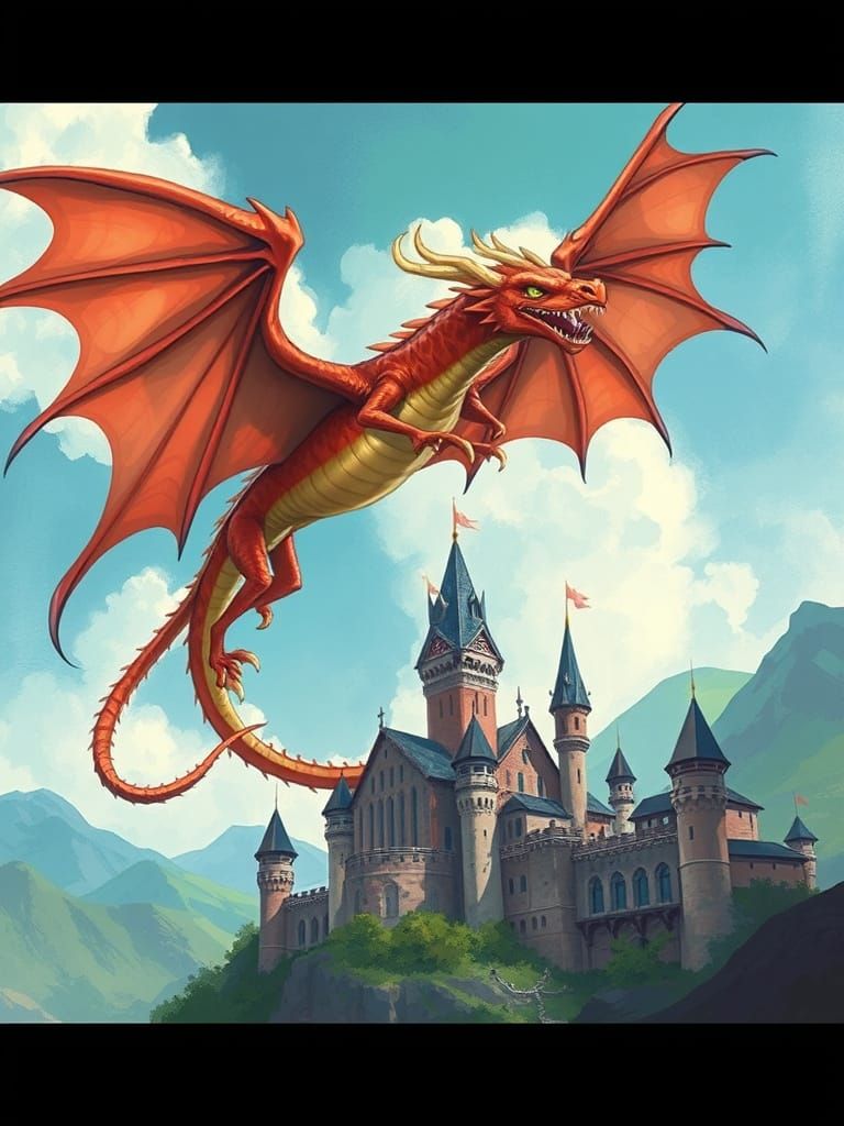 Majestic Dragon Over Medieval Castle in Painterly Style