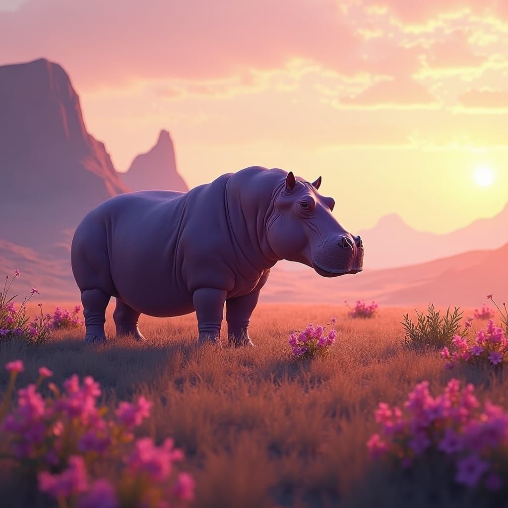 Regal Purple Hippo in Fantasy Landscape