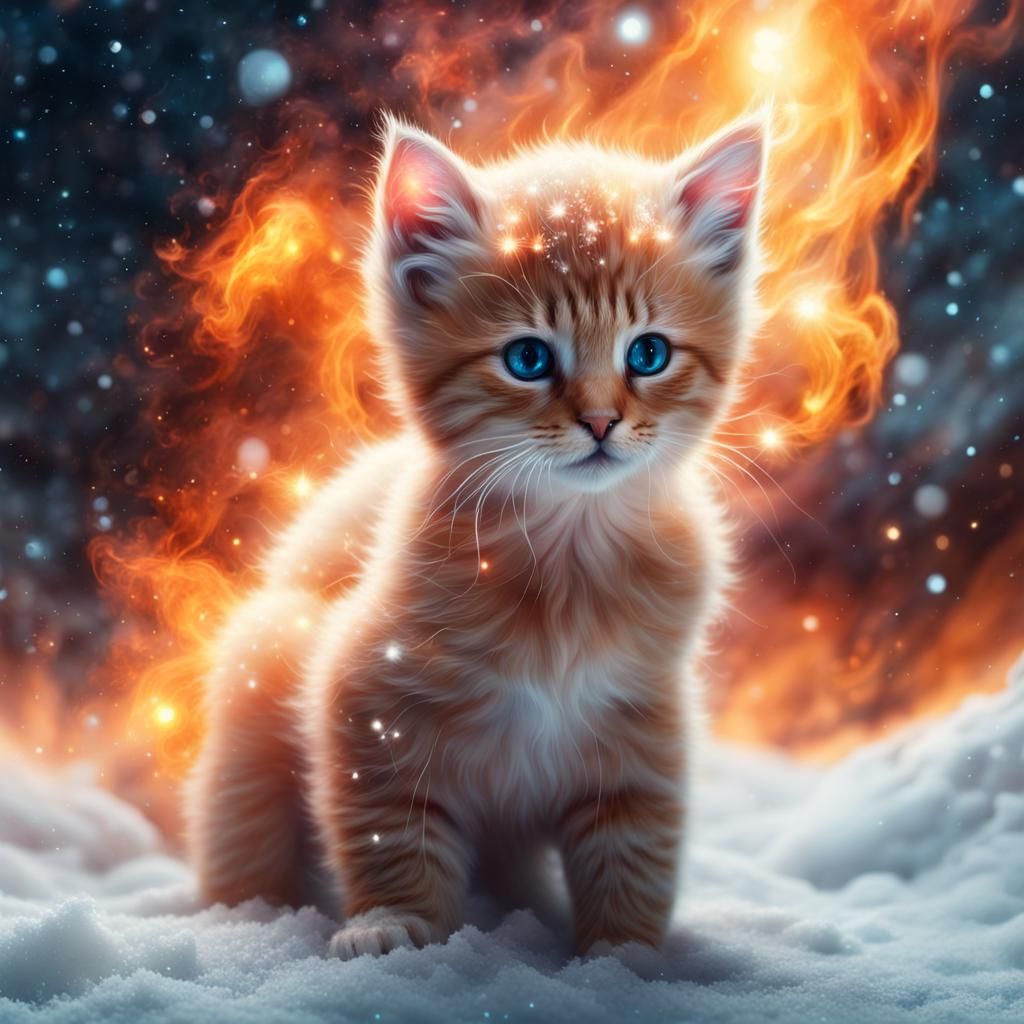 Glowing Fire Kitten in Galactic Snow