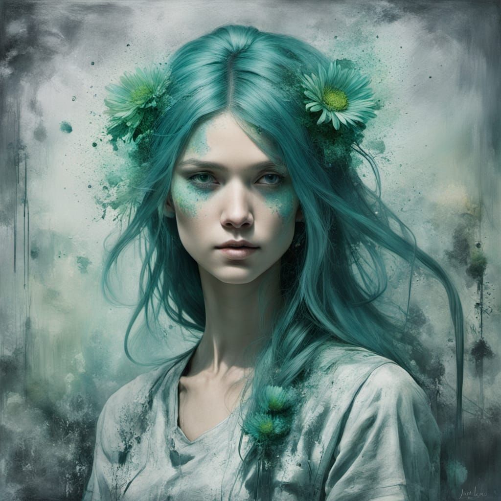 Surreal Cyberpunk Daisy Bush in Abstract Wet Wash Style