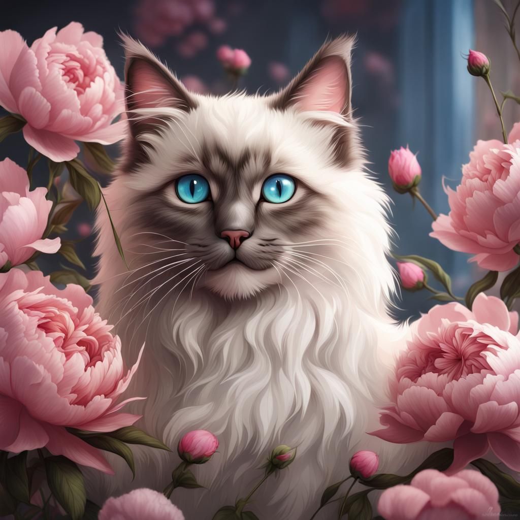 Ragdoll Kitten with Peonies: Fantasy Concept Art