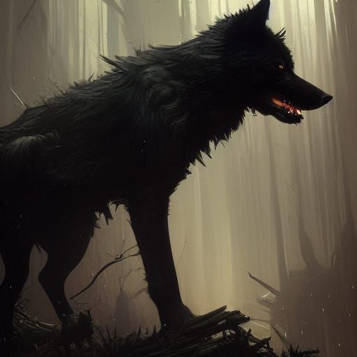 Hyperdetailed Black Wolf in Dark Fantasy Style