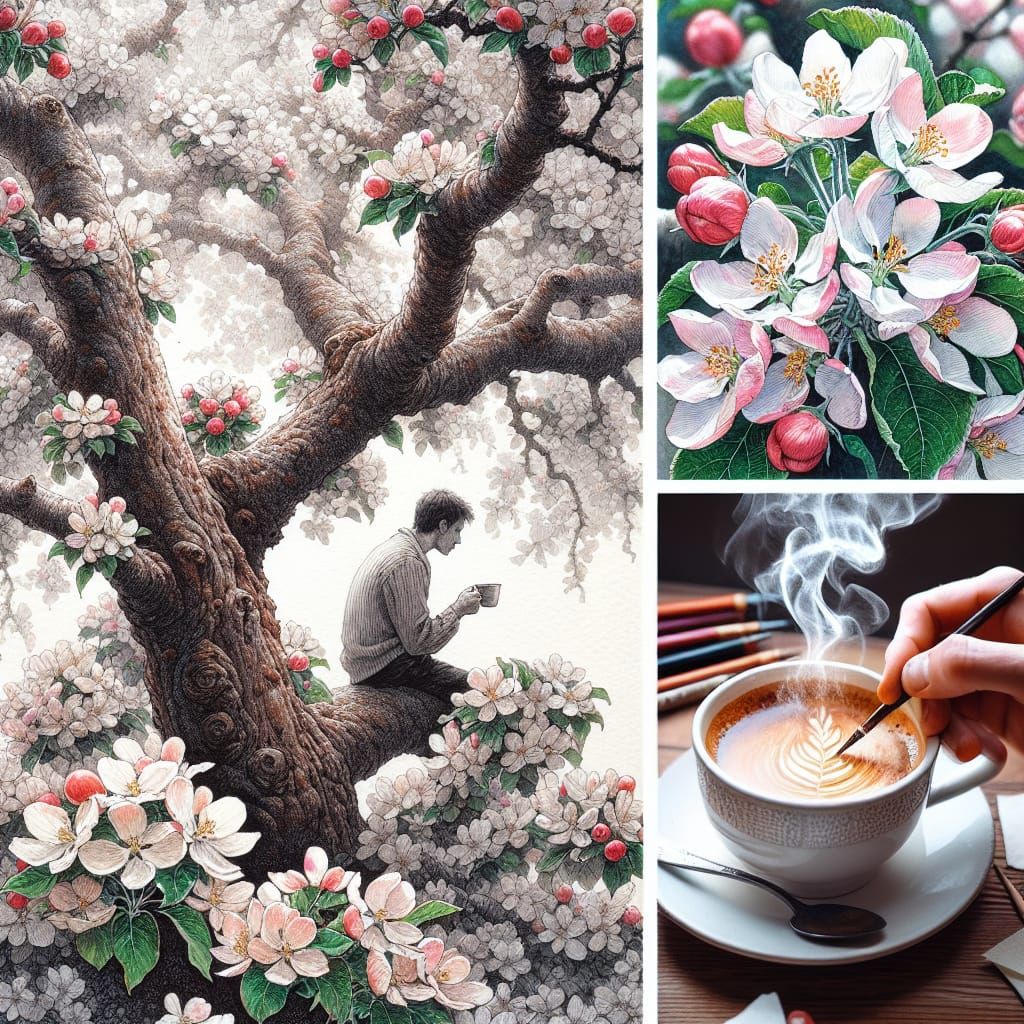Coffee Under Apple Tree in Watercolor Style