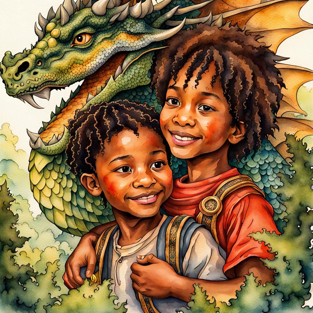 Enchanted Siblings Befriend Dragon: Watercolor Illustration