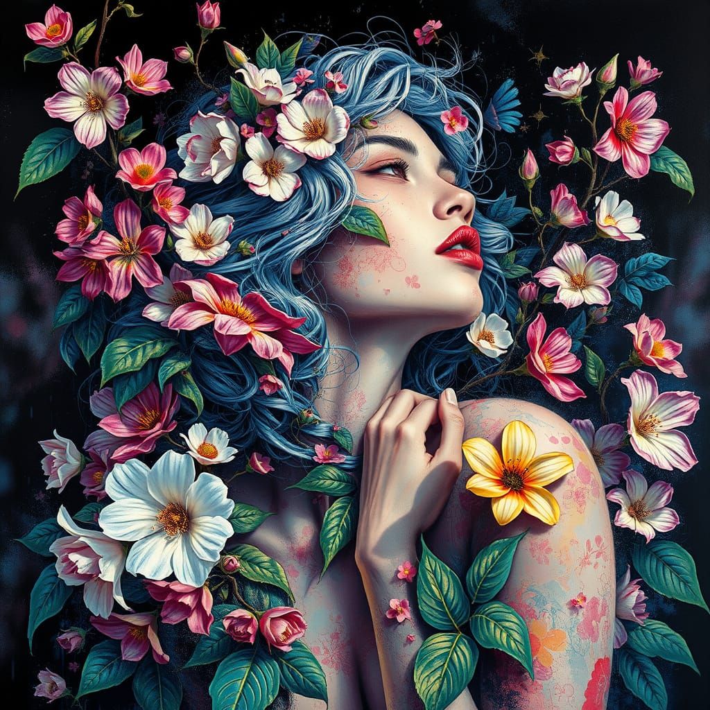 Surreal Nature Goddess Emerges from Vibrant, Hyper-Realistic...