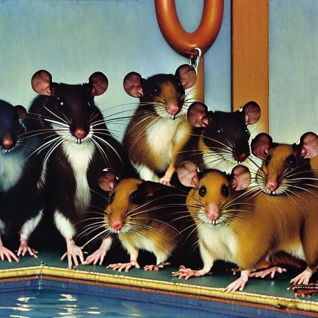 Rats in Swimming Pool: Rockwell-esque Oil Painting