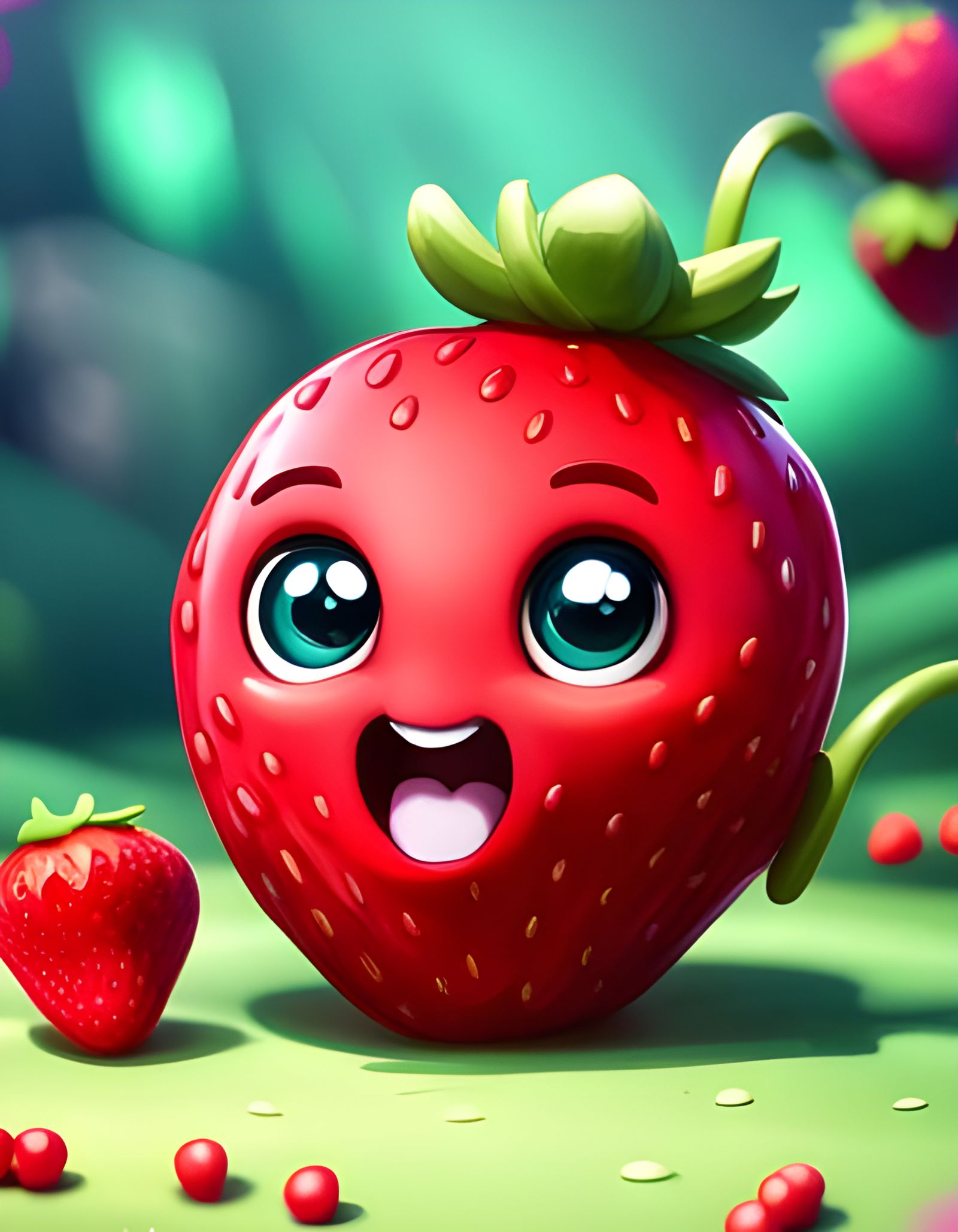 Chibi Strawberry Character in Candy Store, Digital Art