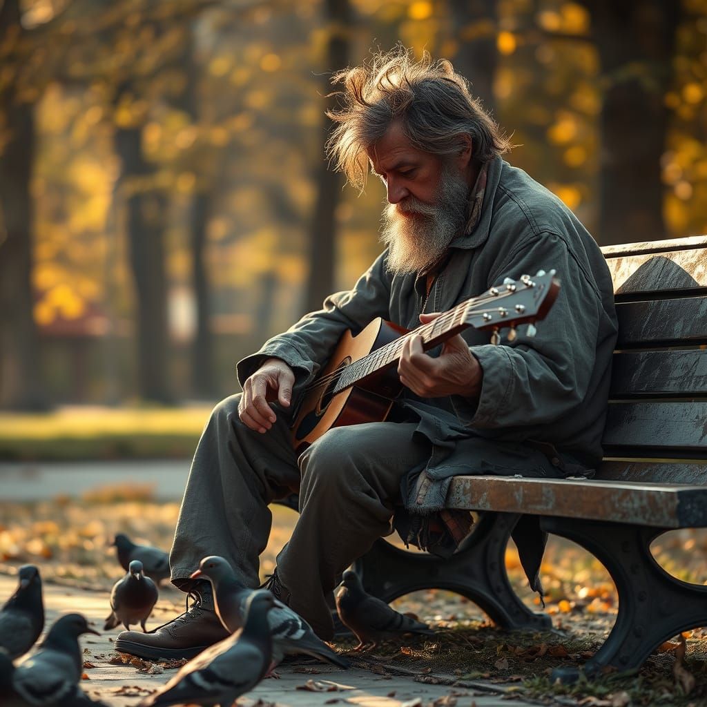 Weary Homeless Man Plays Guitar to Pigeons in Autumnal Lands...