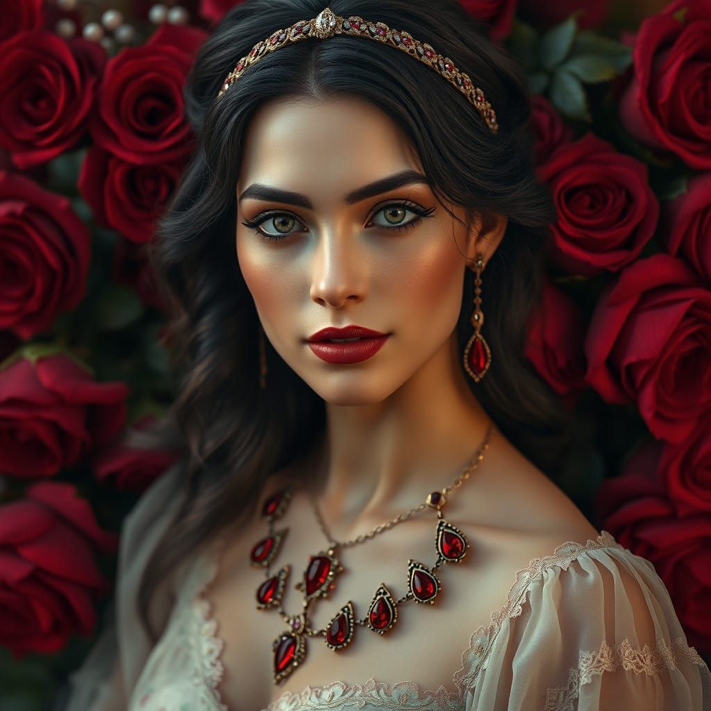 Elegant European Woman in Red Roses, Antique Jewelry, and Pe...