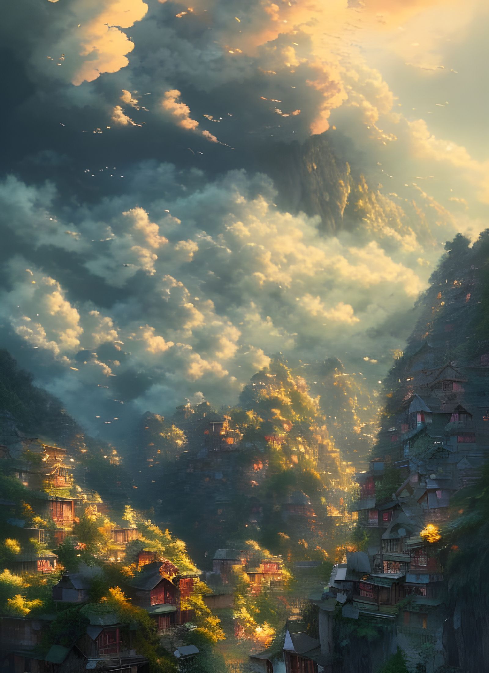 Mountain Village Amidst Clouds, Digital Illustration