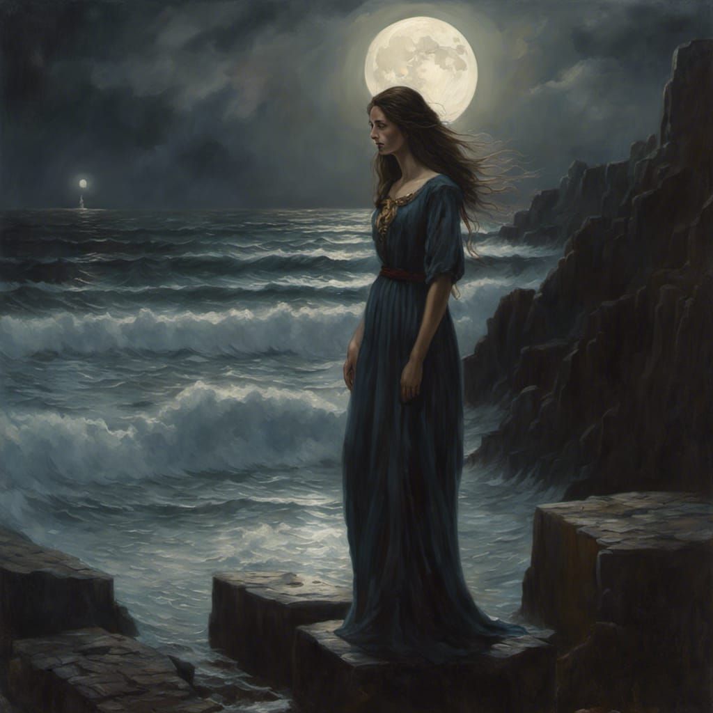 Woman on Rocks in Moonlight: Realistic Detailed Painting