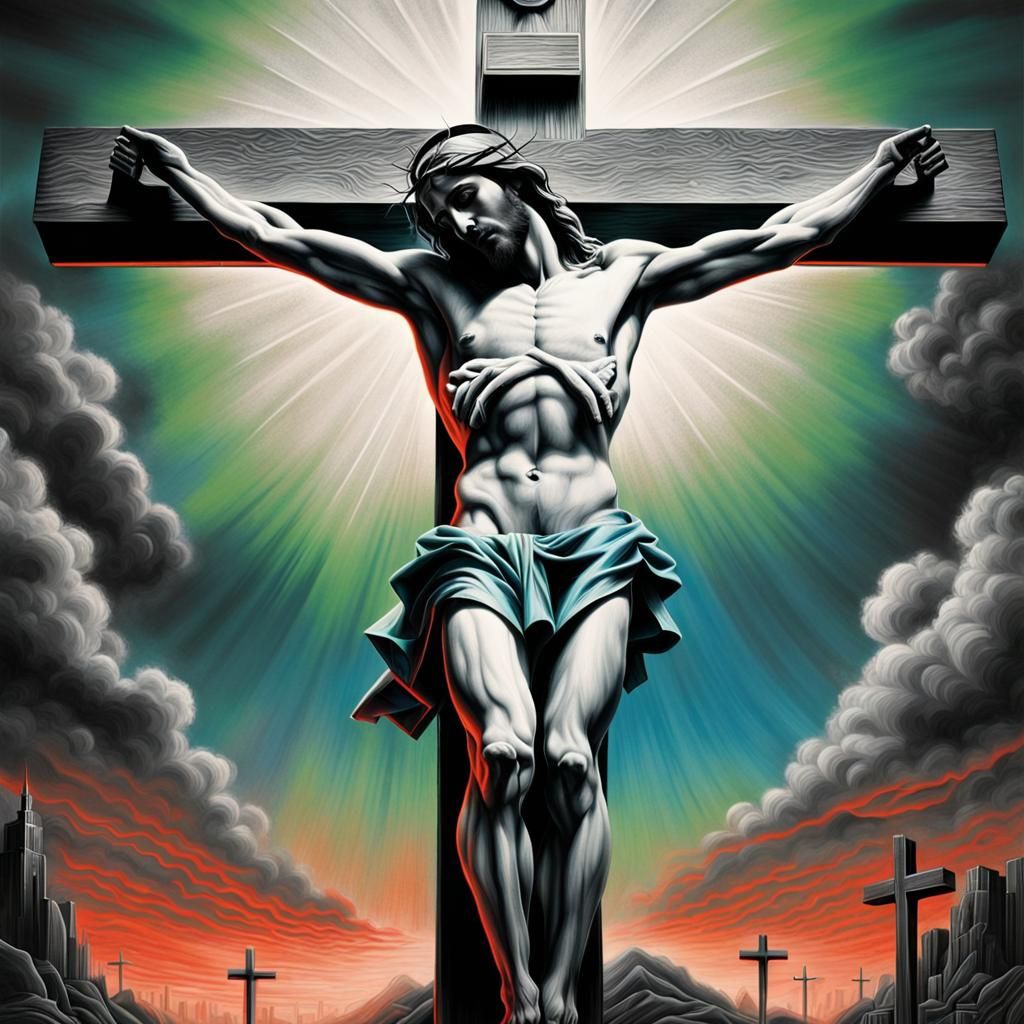 Surreal Crucifixion: A Dramatic Charcoal Art Deco Nightmare