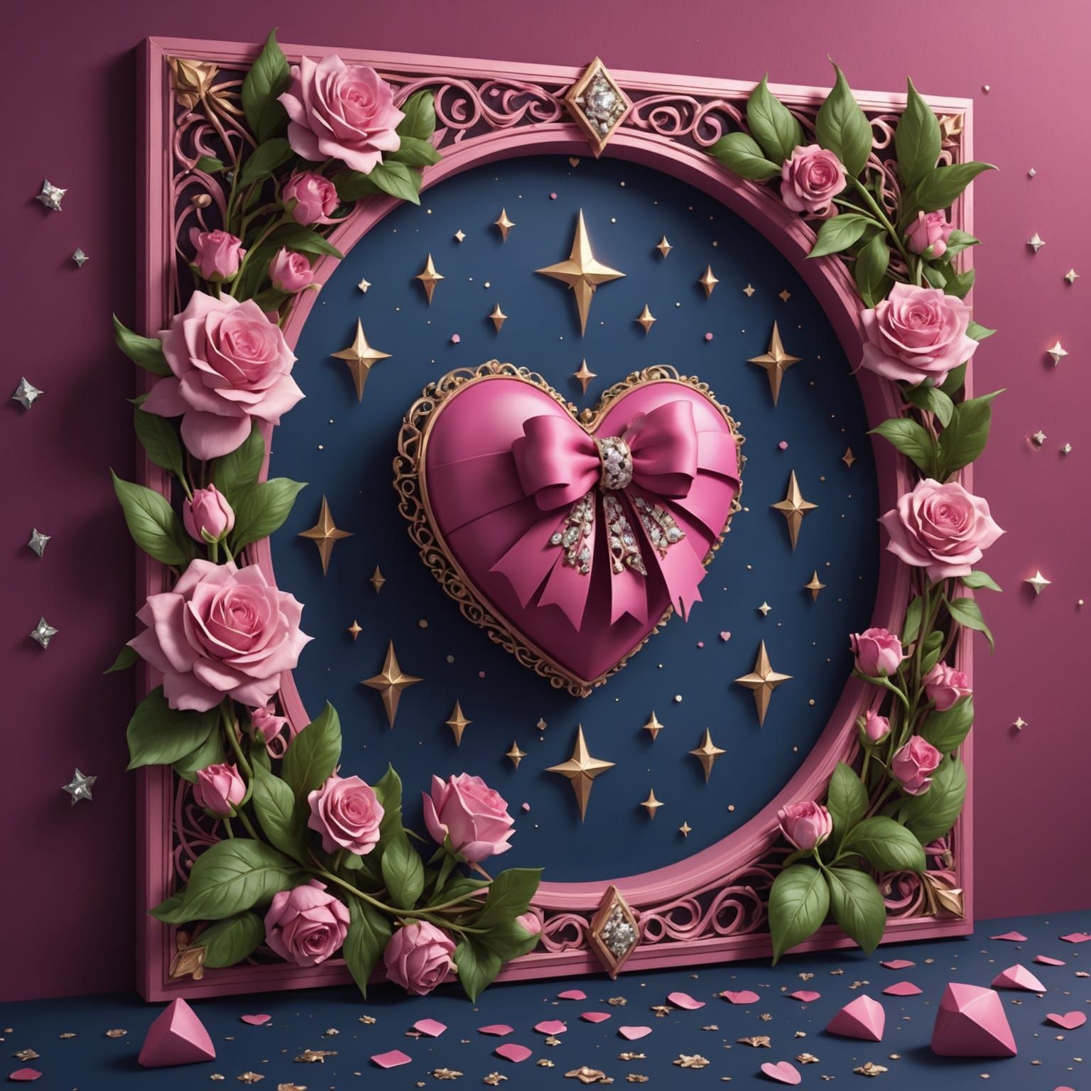 Pink Floral Wallpaper with Hearts and Bows