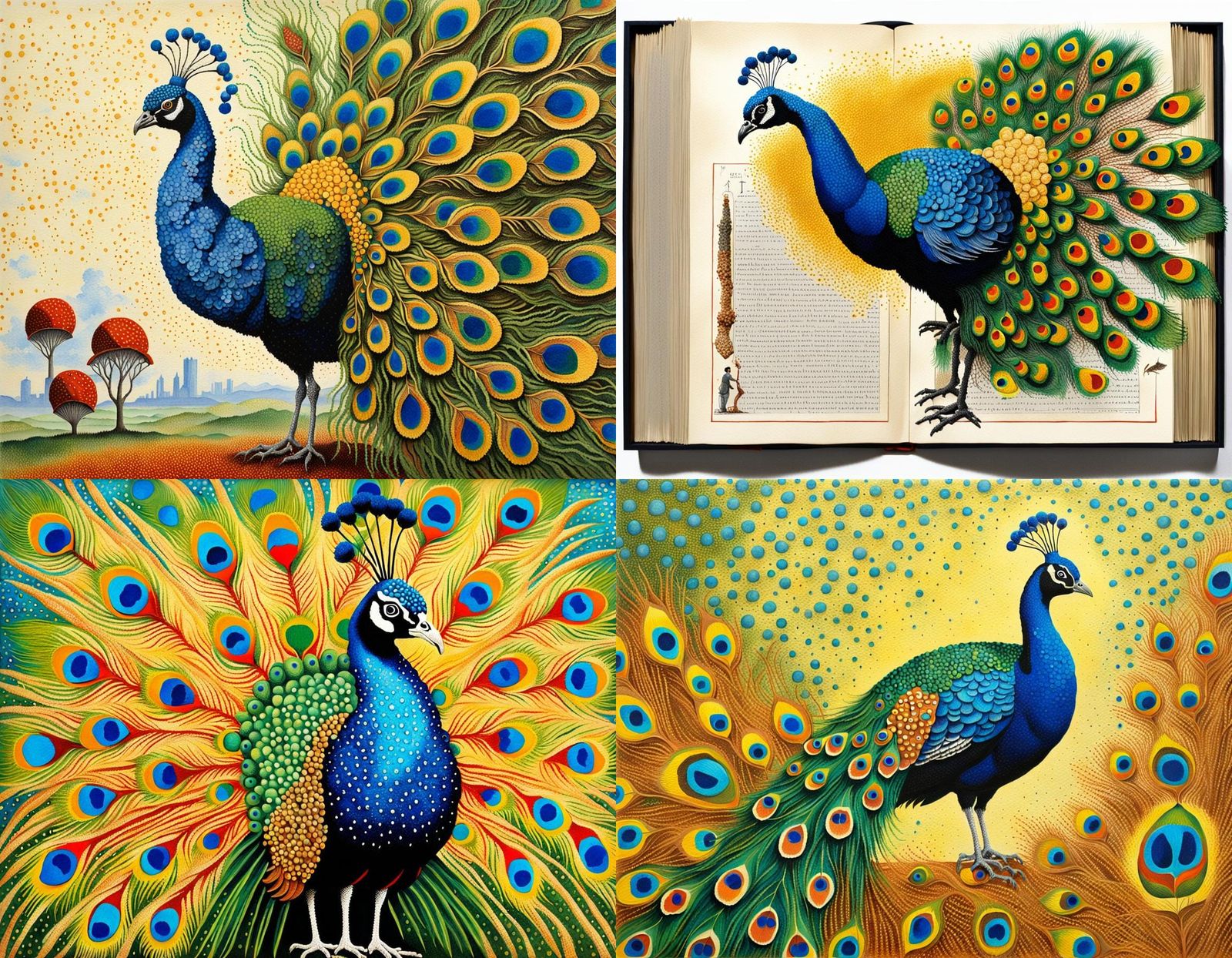 Surreal Pointillist Peacock in Ladybird Book Style